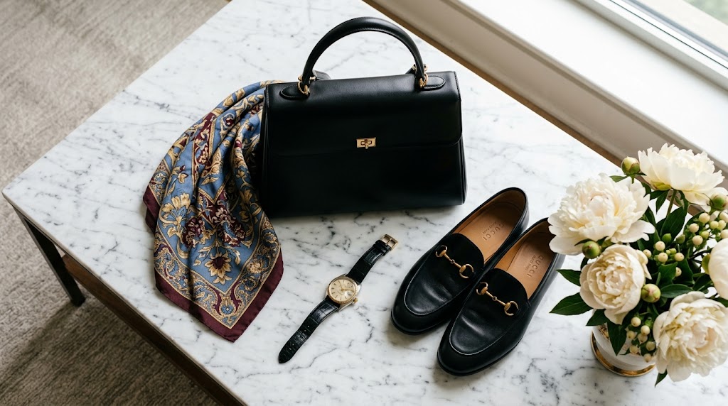 Black Smooth Calfskin Top-Handle Bag & Ivory Linen Trousers